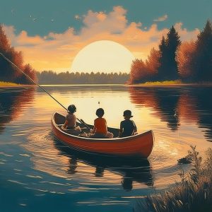 Firefly familj som fiskar i båt på en stor lugn sjö, målning, naturfärger, sketch 45767